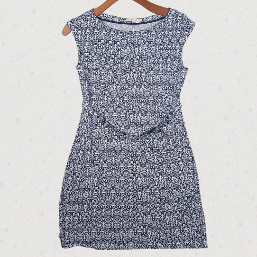 Tory Burch Dress Jamie Cap Sleeve Sheath Dress Womens M Belted Blue White Mosaic